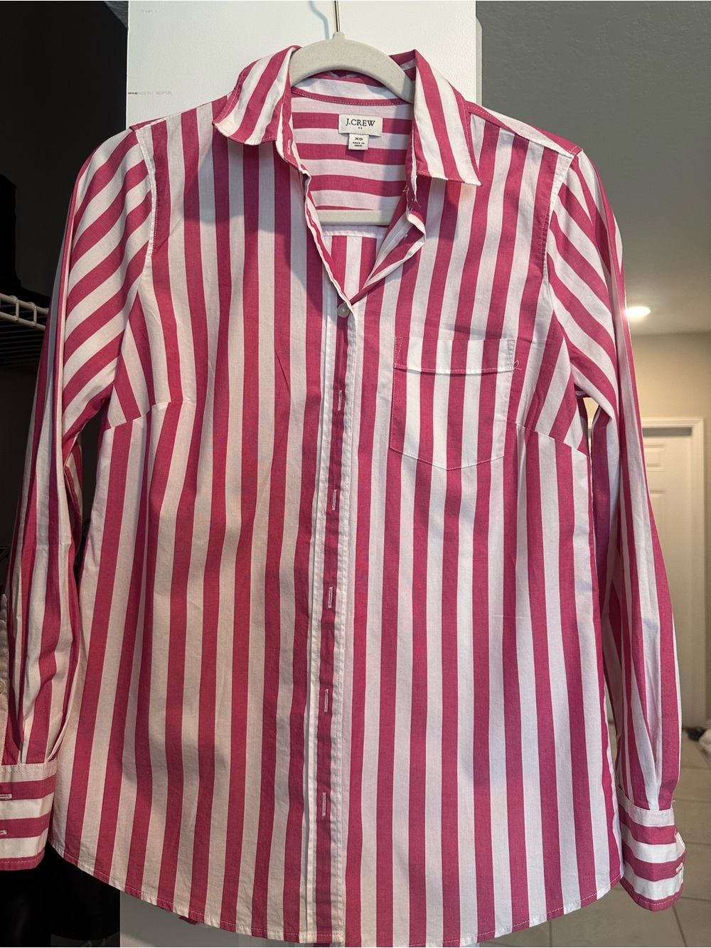 J. Crew Women's Vertical Pink and White Striped Button-Down Shirt